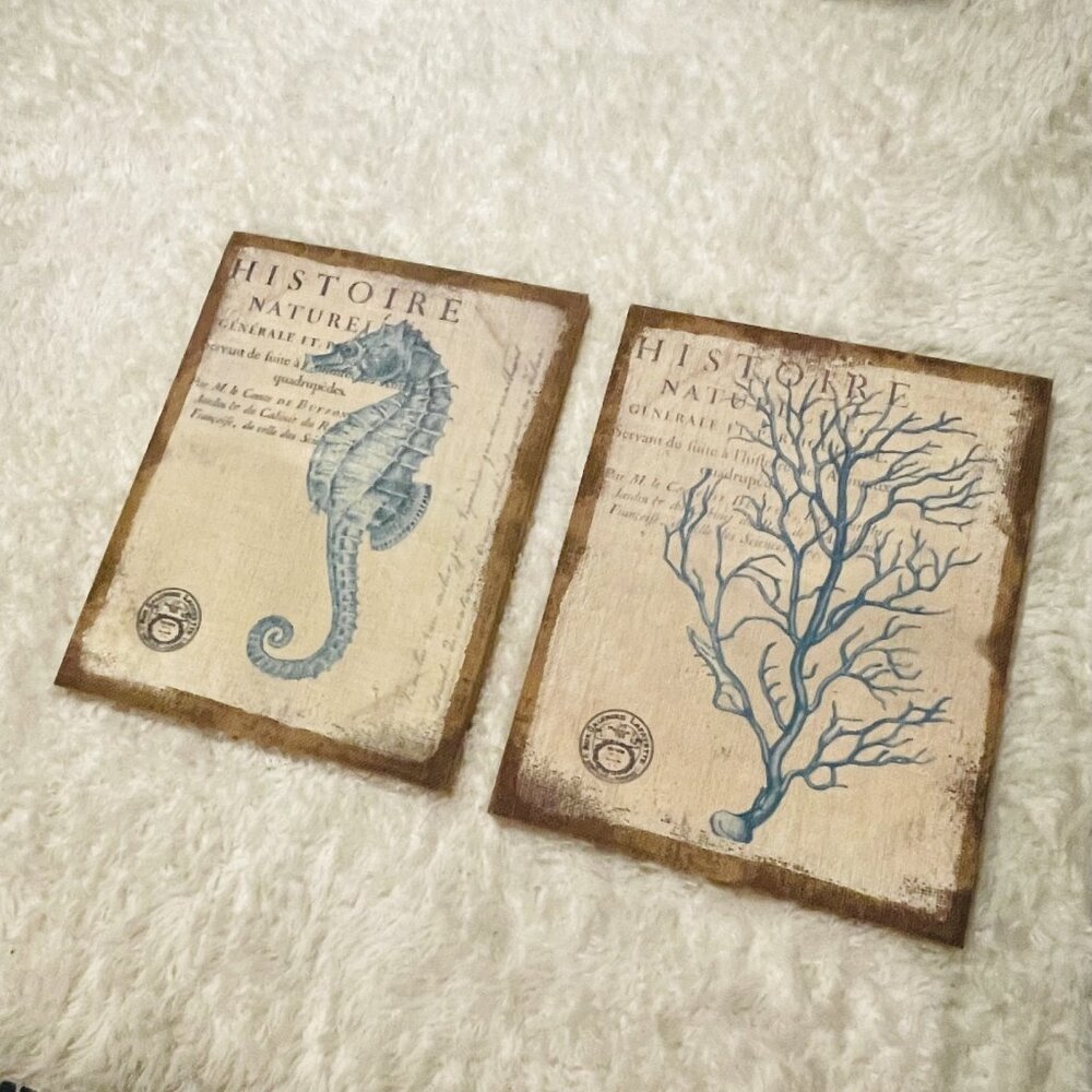 Set of Two Burlap Seahorse and Coral Wall Art - 18"X14"
